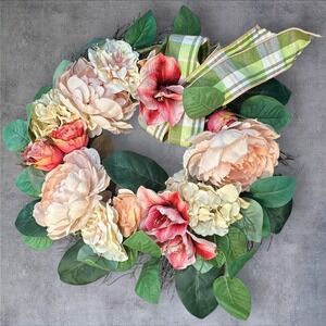 Spring Floral Wreath Peony Hydrangea Faux Flowers Green Plaid Bow 22"